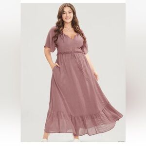 Solid Striped Notched Ties Up Pocket Flutter Maxi Dress